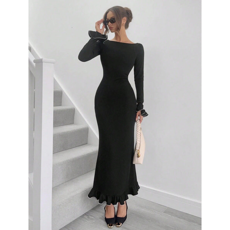 fashionautumelegancesilm round neck bell sleeves fishtail skirt ruffleslongdress