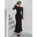 fashionautumelegancesilm round neck bell sleeves fishtail skirt ruffleslongdress
