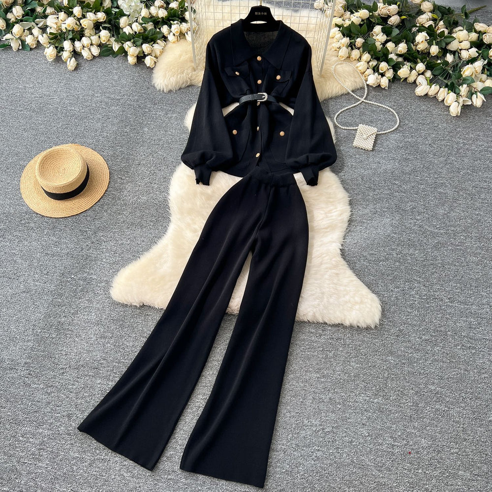 High-end socialite style women's winter new arrival: metallic buckle tie-waist long-sleeved knit top with high-waisted wide-leg pants
