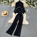 High-end socialite style women's winter new arrival: metallic buckle tie-waist long-sleeved knit top with high-waisted wide-leg pants