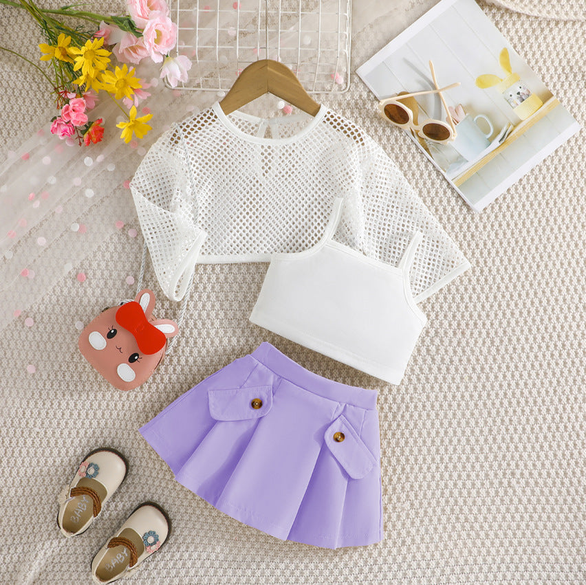 summer new girls' mesh long-sleeve top + cropped tank top + pleated skirt three-piece set - in stock