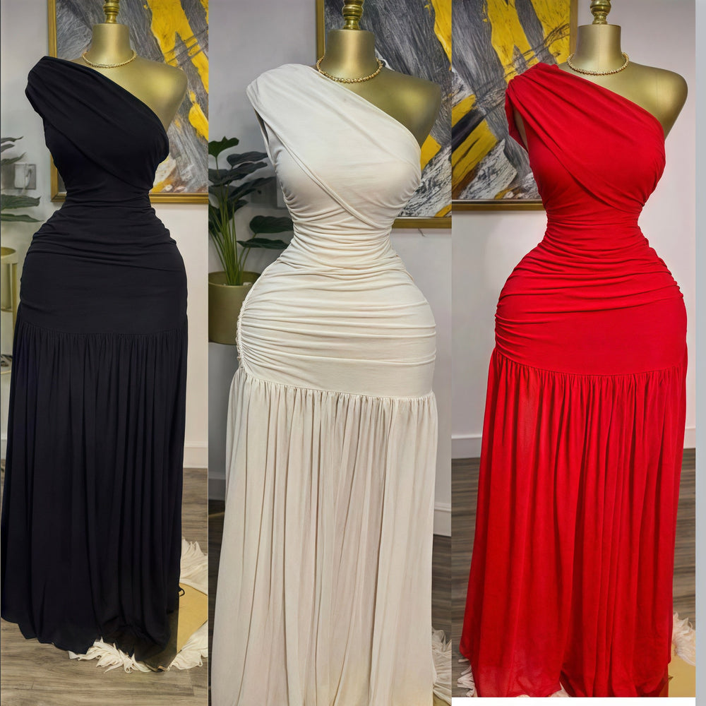 European and american cross-border women's fashion:  spring new arrival - solid color sleeveless asymmetrical neck ruched bodycon slit maxi dress