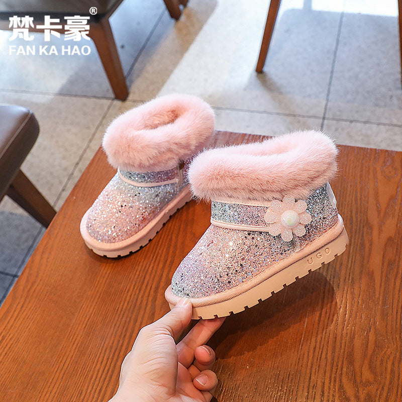 Girls' sequin princess snow boots - new  winter collection - fleece-lined, extra thick, warm cotton shoes - kids' ankle boots for mid-to-large children