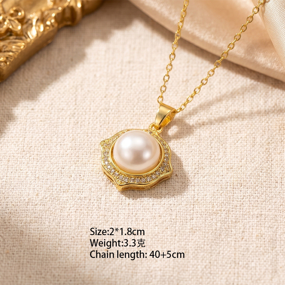 European and american hot-selling fashion zircon pearl necklace for women, lightweight luxury, niche, versatile, elegant, fashionable titanium steel clavicle chain jewelry