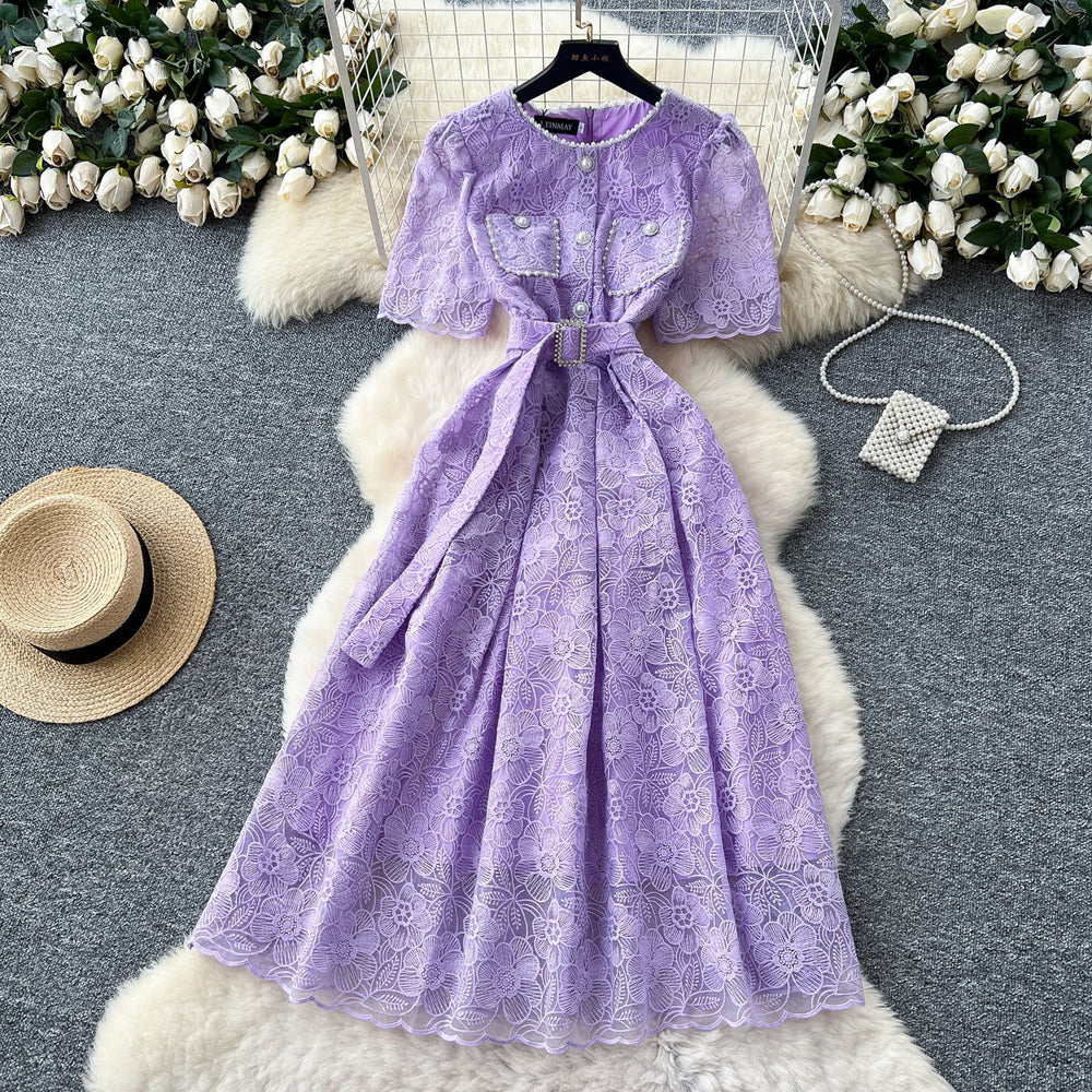 French chic beaded round neck short sleeve dress - premium embroidery, slim fit, figure-flattering, elegant women's dress