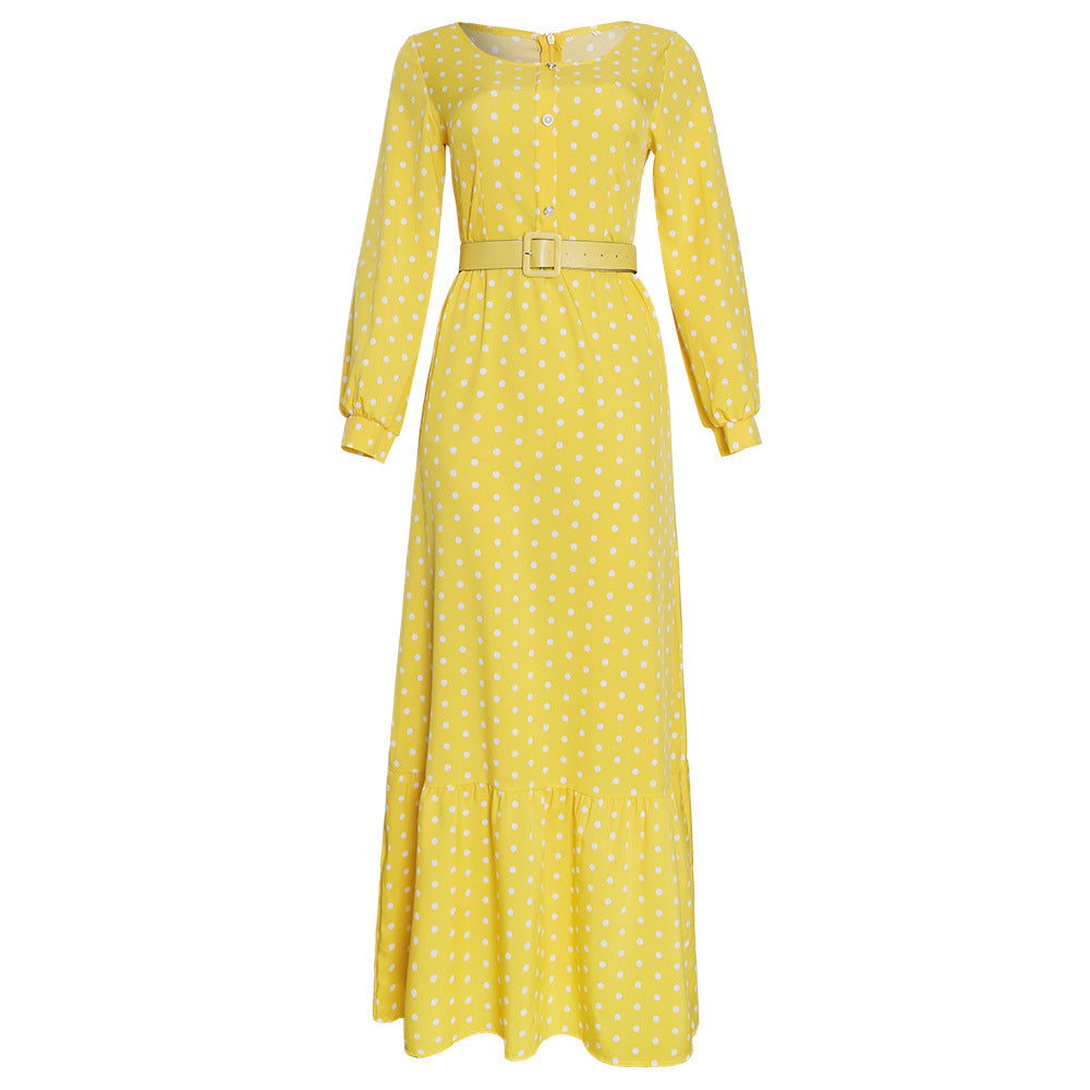 new arrival: fresh & sweet polka dot high-waisted long sleeve dress - african style plus size women's clothing with belt