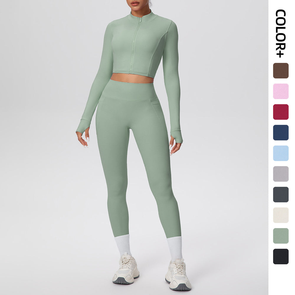 Cropped zip-up yoga set: high-waisted, butt-lifting leggings with pockets - perfect for running, fitness, and casual wear