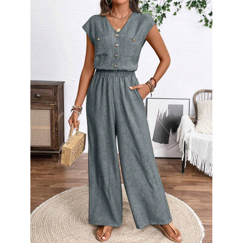 Women's v-neck short sleeve jumpsuit with button-front, elastic waist, wide leg, and pockets - perfect for everyday casual wear