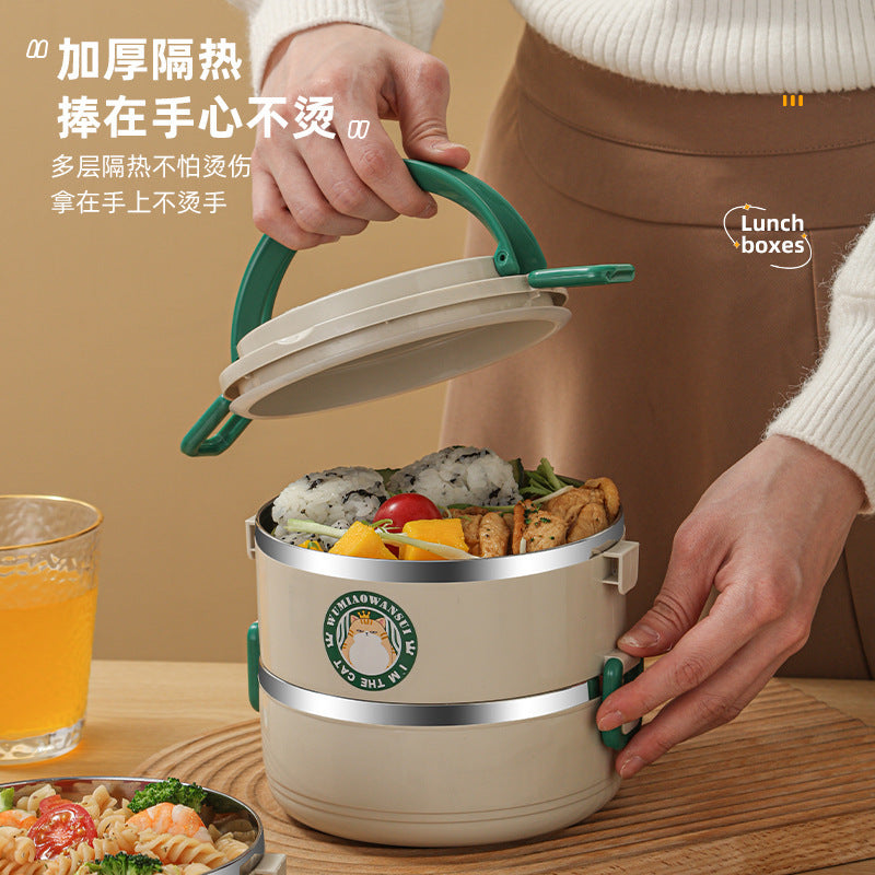 304 round bento box, stainless steel portable multi-layer thermal insulation lunch box, student cartoon grid lunch box gift