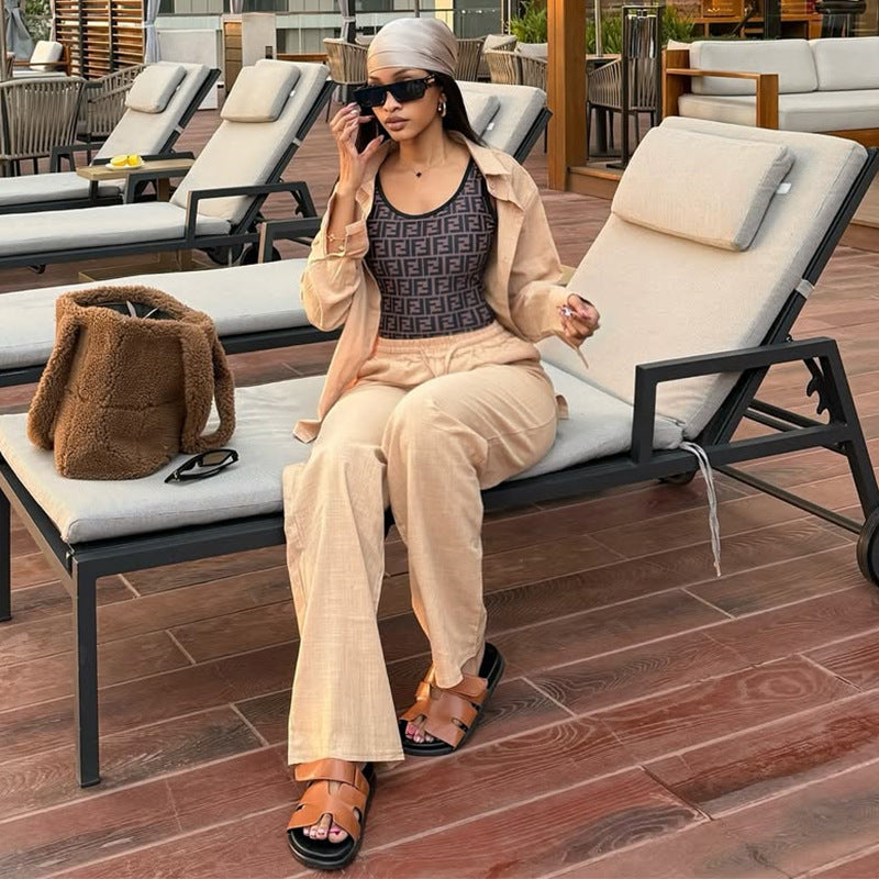 European and american cross-border women's fashion  autumn new collection: solid color turn-down collar loose long-sleeve shirt and high-waisted trousers casual set