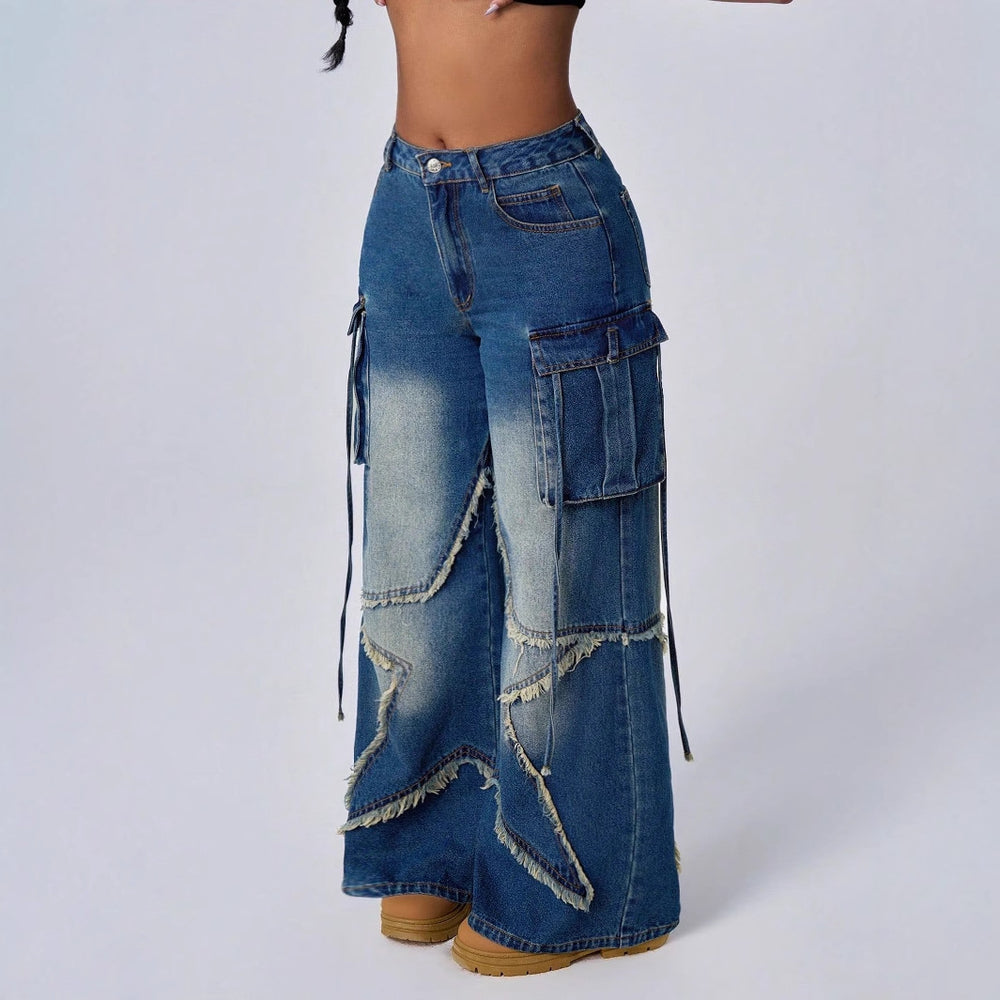 Pre-sale 15768#  cross-border foreign trade women's fashion ins retro five-pointed star workwear denim pants