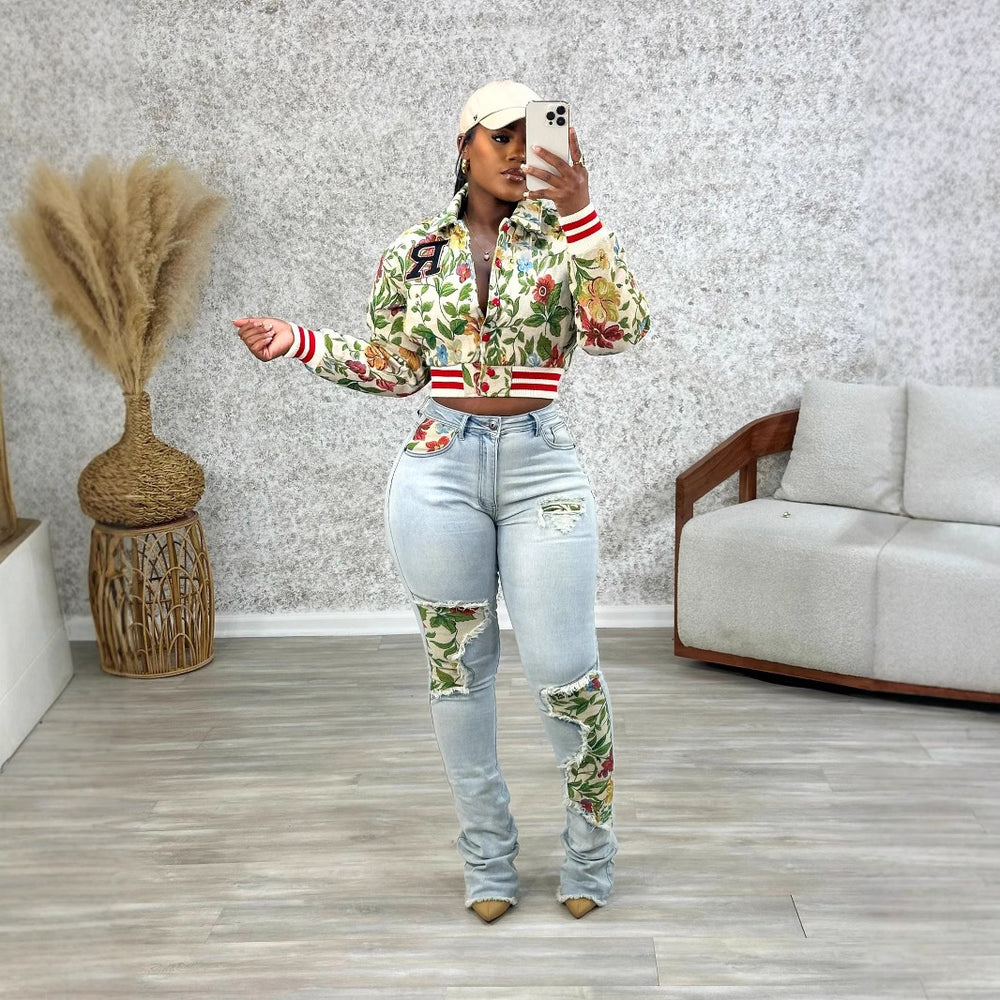 Amazon hot seller:  spring new arrival jacquard european and american style women's long sleeve square neck cropped jacket