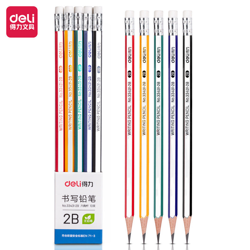 Deli 33431 hexagonal pole primary school students writing pencil HB/2B pencil test card pencil with eraser 10 pcs