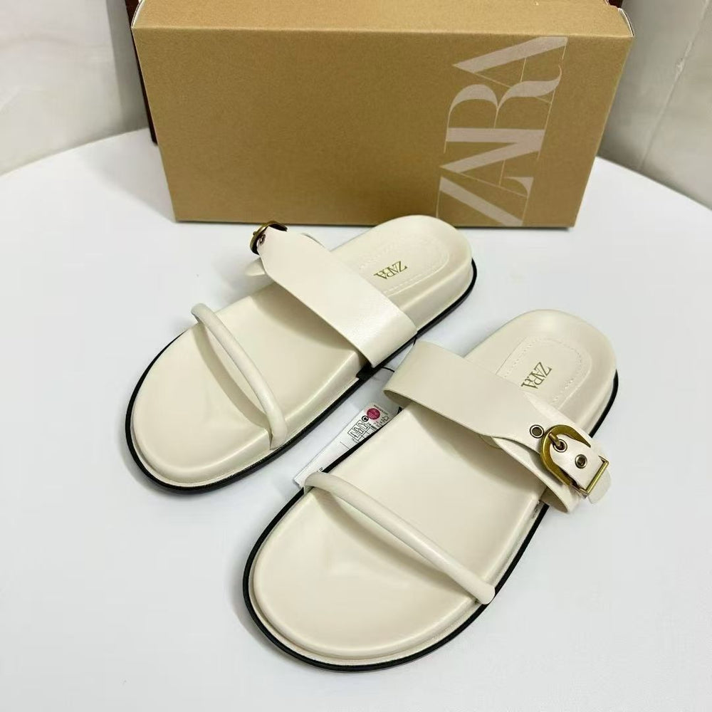 Za's 2025 new summer collection: flat metal fashion trendy single/double buckle strappy european & american style outdoor sandals for women