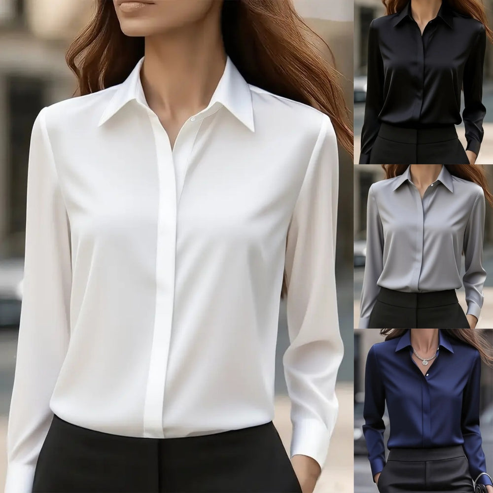 independent station   hot style autumnpure colorlong sleeveseasiest for matchshirt lapelsatinshirt