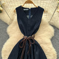 Korean style sleeveless v-neck dress for women,  summer high-end tie-waist slimming a-line denim dress