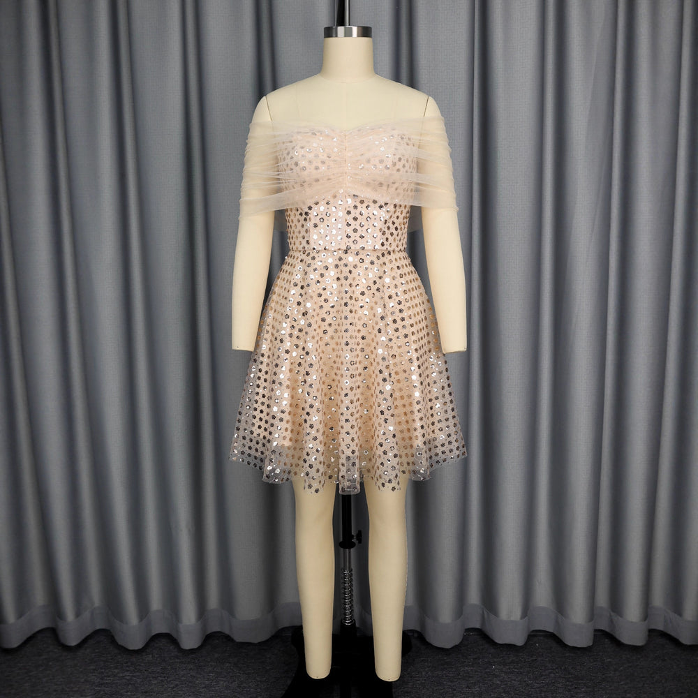 fashionsexytube top evening dress one-line collar off-the-shoulder mesh patchworksequin party dressdress