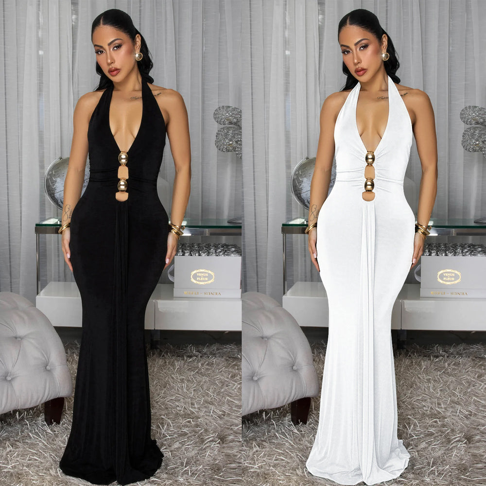 C7599 cross-border   fashion women's sexy backless halter deep v solid color dress