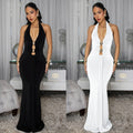 C7599 cross-border   fashion women's sexy backless halter deep v solid color dress