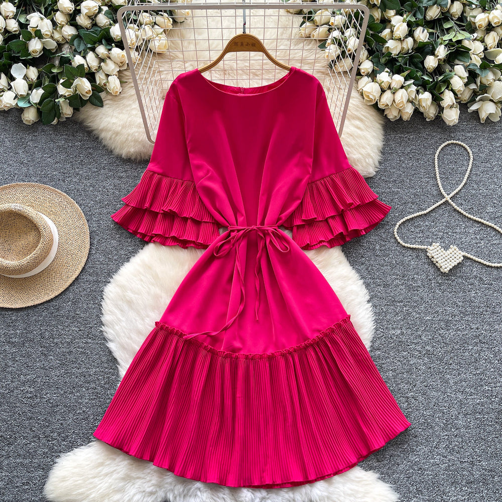 K-style lantern sleeve pleated short-sleeved dress women's spring strap waist pleated a-line skirt slimming lookwork clothing skirt
