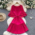 K-style lantern sleeve pleated short-sleeved dress women's spring strap waist pleated a-line skirt slimming lookwork clothing skirt