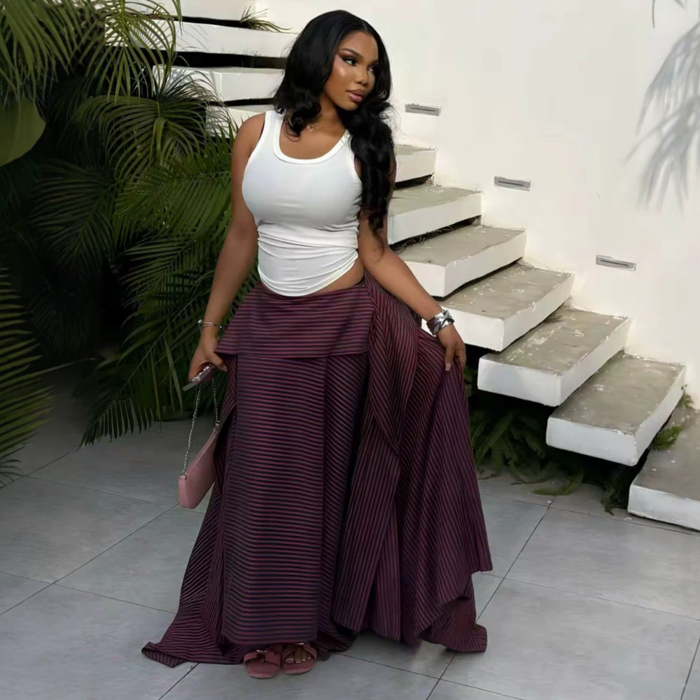 European and american cross-border women's clothing:  summer new arrival - high-waisted, slimming, asymmetrical, loose, flowy, long striped midi skirt