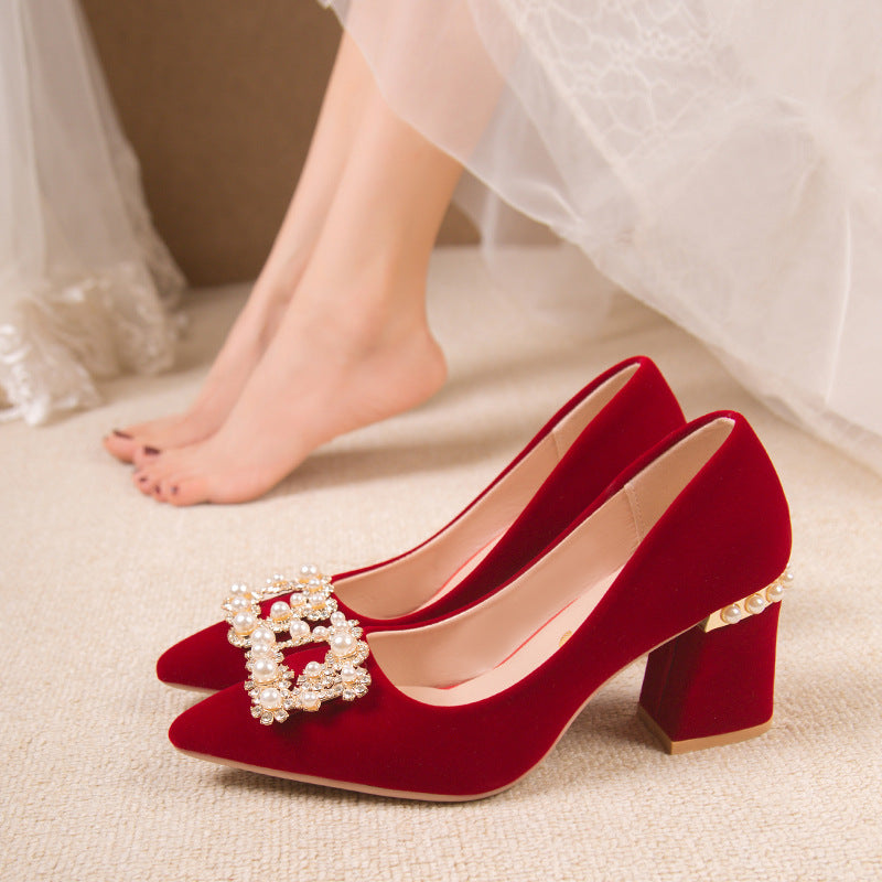 Chinese xiuhe wedding shoes for women 2024 new arrival wedding dress shoes thick heel non-tiring red engagement shoes bridal shoes