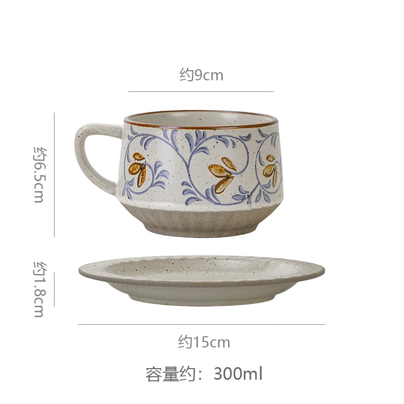 Vintage rustic pottery coffee cup and saucer set - hand-painted underglaze ceramic coffee cup - premium drinking cup - birthday & housewarming gift