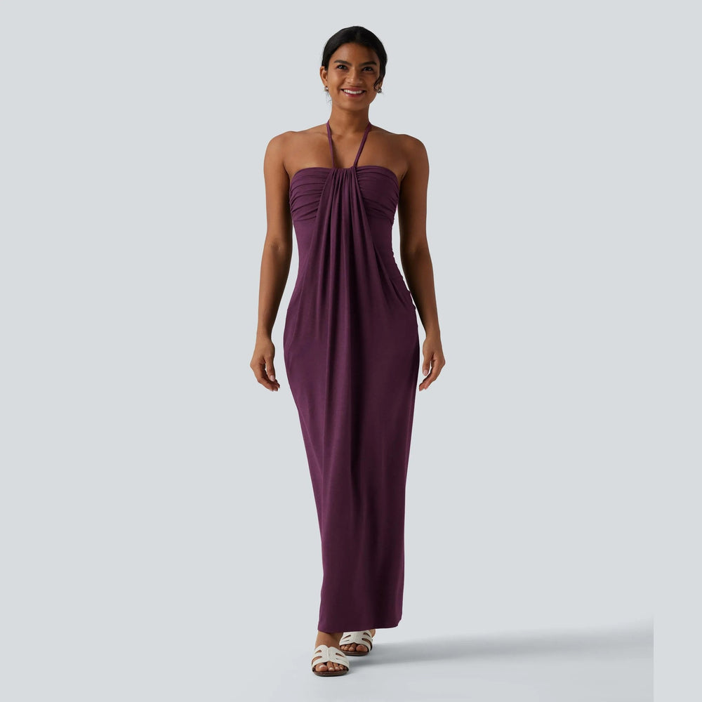 European and american cross-border women's fashion:  summer new arrivals - stylish vacation-inspired solid color halter neck tie-back backless dress wholesale