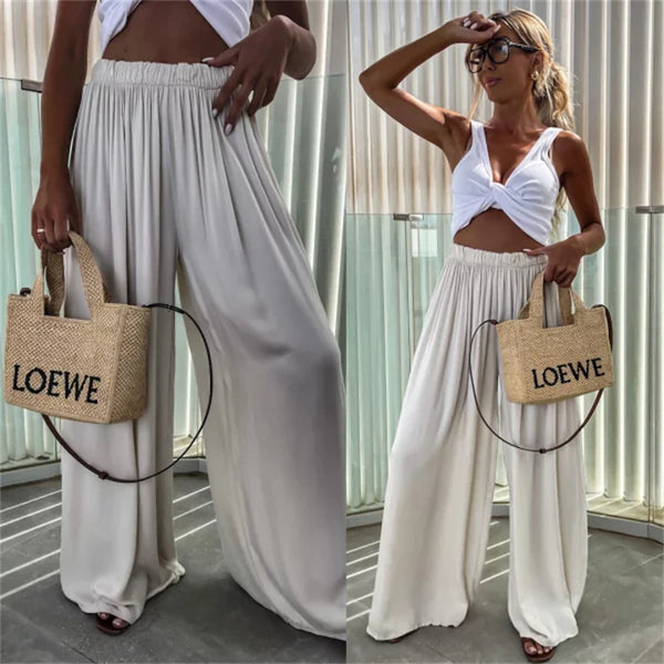 2024 new summer European and American women's casual pants  loose solid color wide-leg pants fashion elastic floor pants