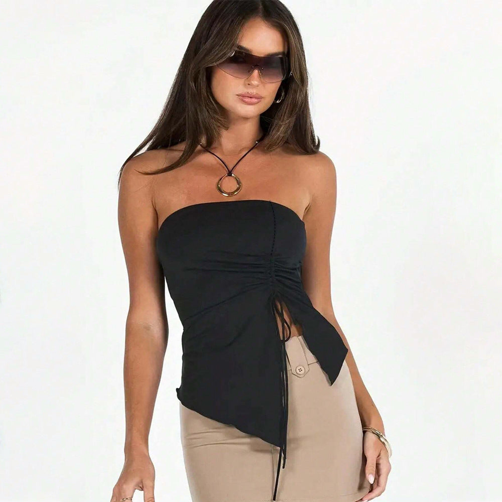 fashion cross-border women's clothing drawstring pleated slit slimming lookasymmetricaltube toptops beautiful suspenders