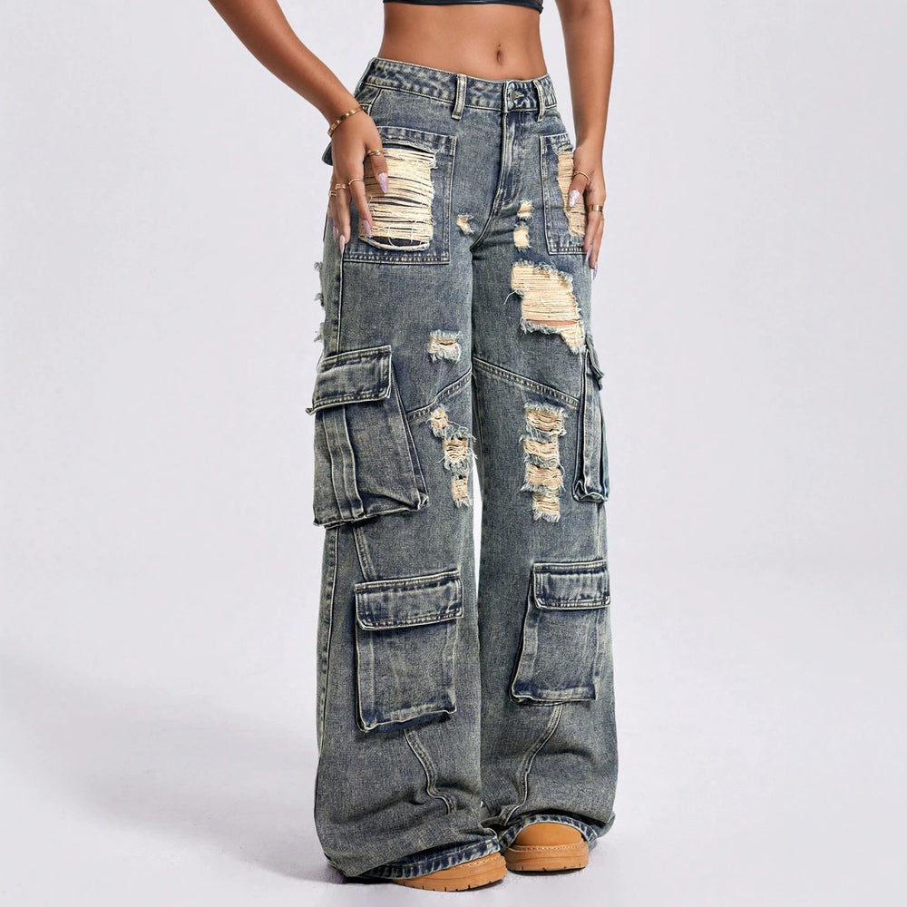 Distressed ripped workwear jeans for women, high-waisted, multi-pocket design, loose straight-leg, wide-leg, floor-sweeping style,  new arrival