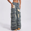 Distressed ripped workwear jeans for women, high-waisted, multi-pocket design, loose straight-leg, wide-leg, floor-sweeping style,  new arrival