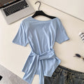 K-stylesense of design oblique shoulder tie backtight waist short-sleeved t-shirt women's new arrival waist slimming lookeleganttops