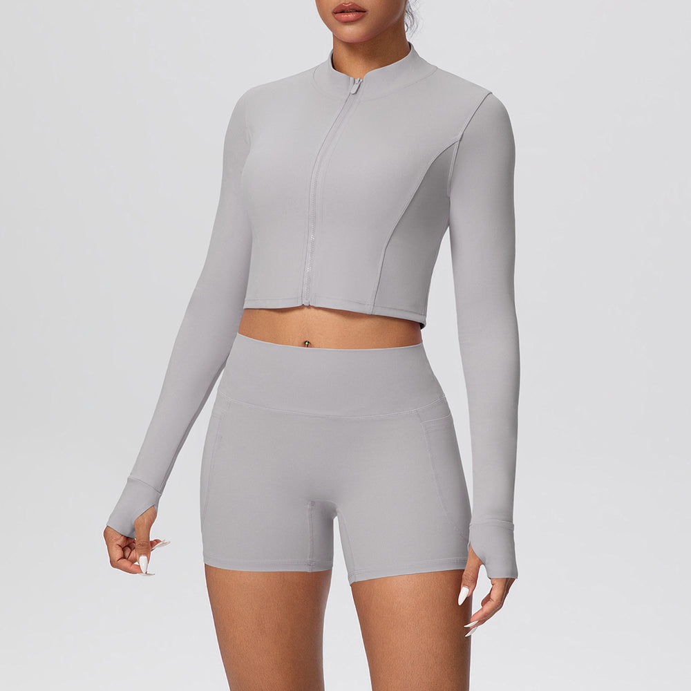 Cloud-feel outerwear short zip-up jacket with butt-lifting pocket shorts, a form-fitting activewear yoga set for women, perfect for running and fitness