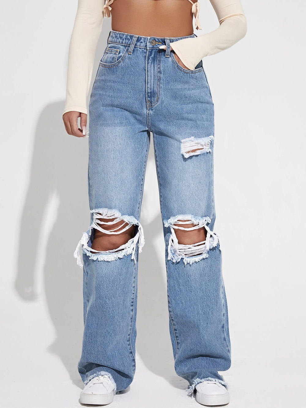 Fashion cross-border hot girl style big hole wide leg jeans women's light blue washed loosestraight-legmoppants