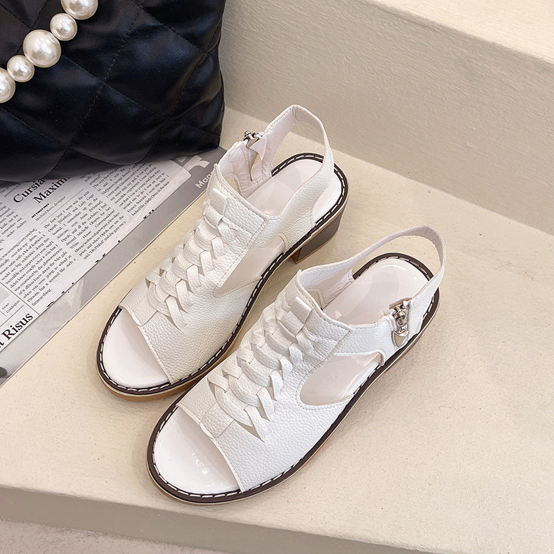 Foreign trade sandals women's 2022 summer fish mouth thick heel high heel hollow waterproof table zipper Roman women's shoes  delivery