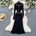 autumn new arrival: high-end chanel-inspired chic color block turn-down collar long sleeve slim-fit knitted dress for women