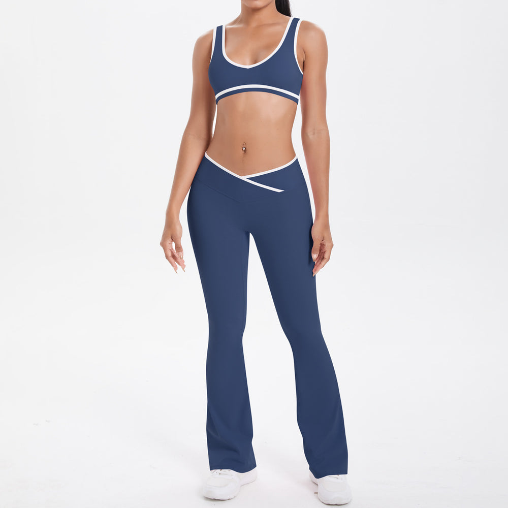 New arrival cross-border double-sided brushed contrast color tight breathable cross wide-leg yoga suit sports running fitness women