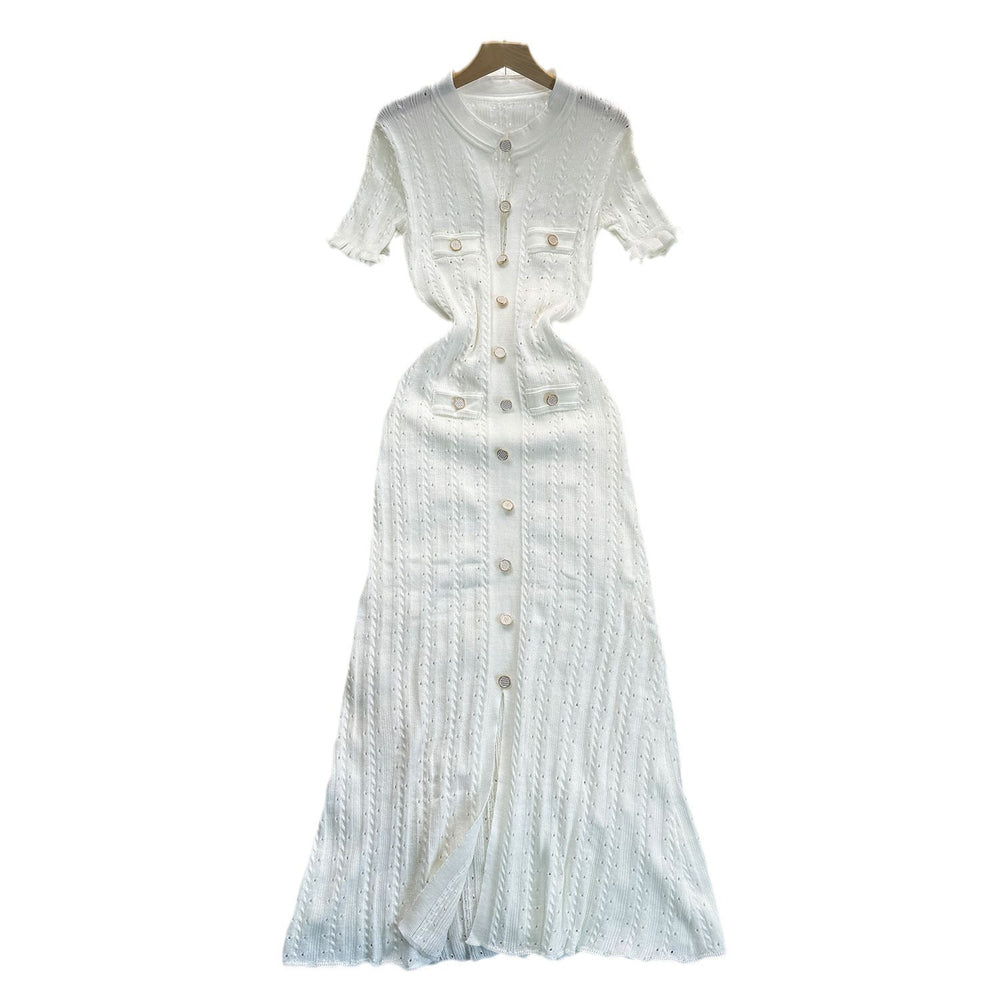 New arrival small fragrance classy sense cut out fungus lace sleeve button decoration silmslimming lookknittingdressfashion