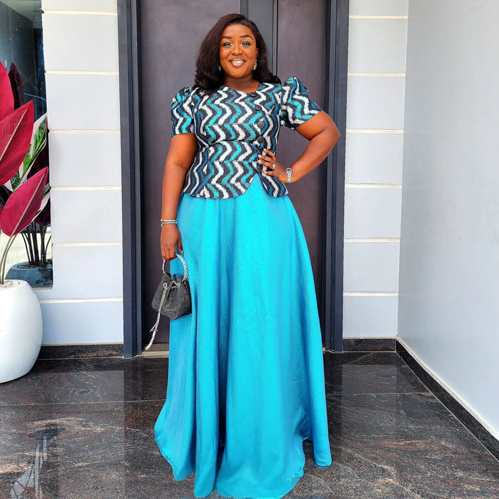 Aliexpress cross-border plus size midi skirt + t-shirt dress african women's crystal satin print two-piece skirt set