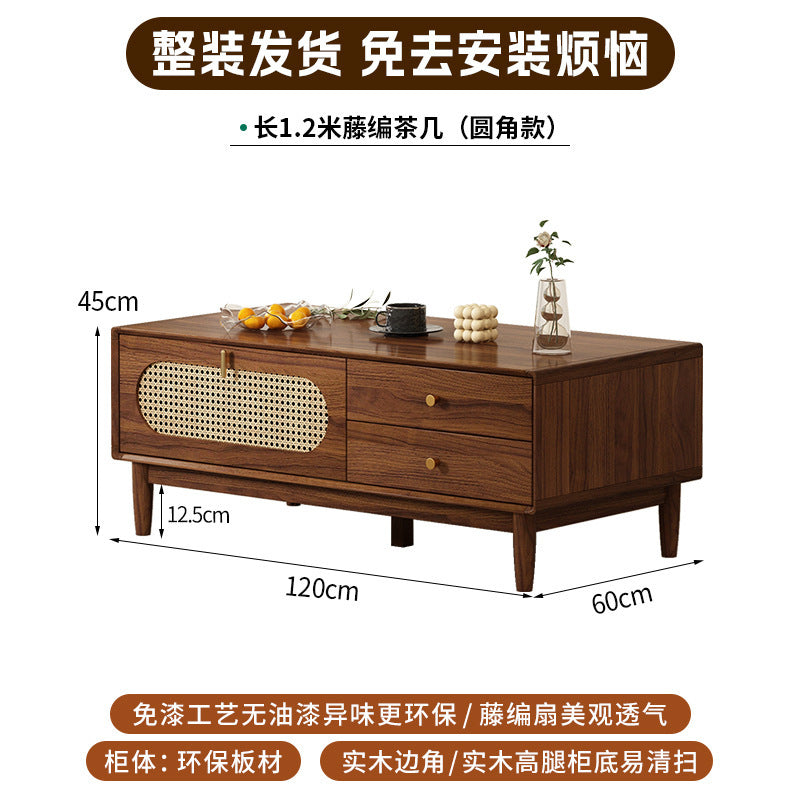 Retro rattan solid wood frame TV cabinet household coffee table combination small apartment living room storage locker integrated new model