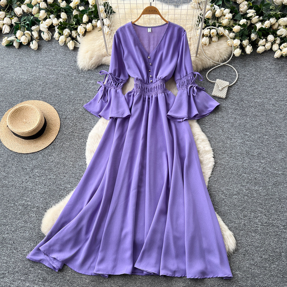 Vintage chic lantern sleeve v-neck tie-up dress - spring korean style women's red slimming waist elegant maxi dress