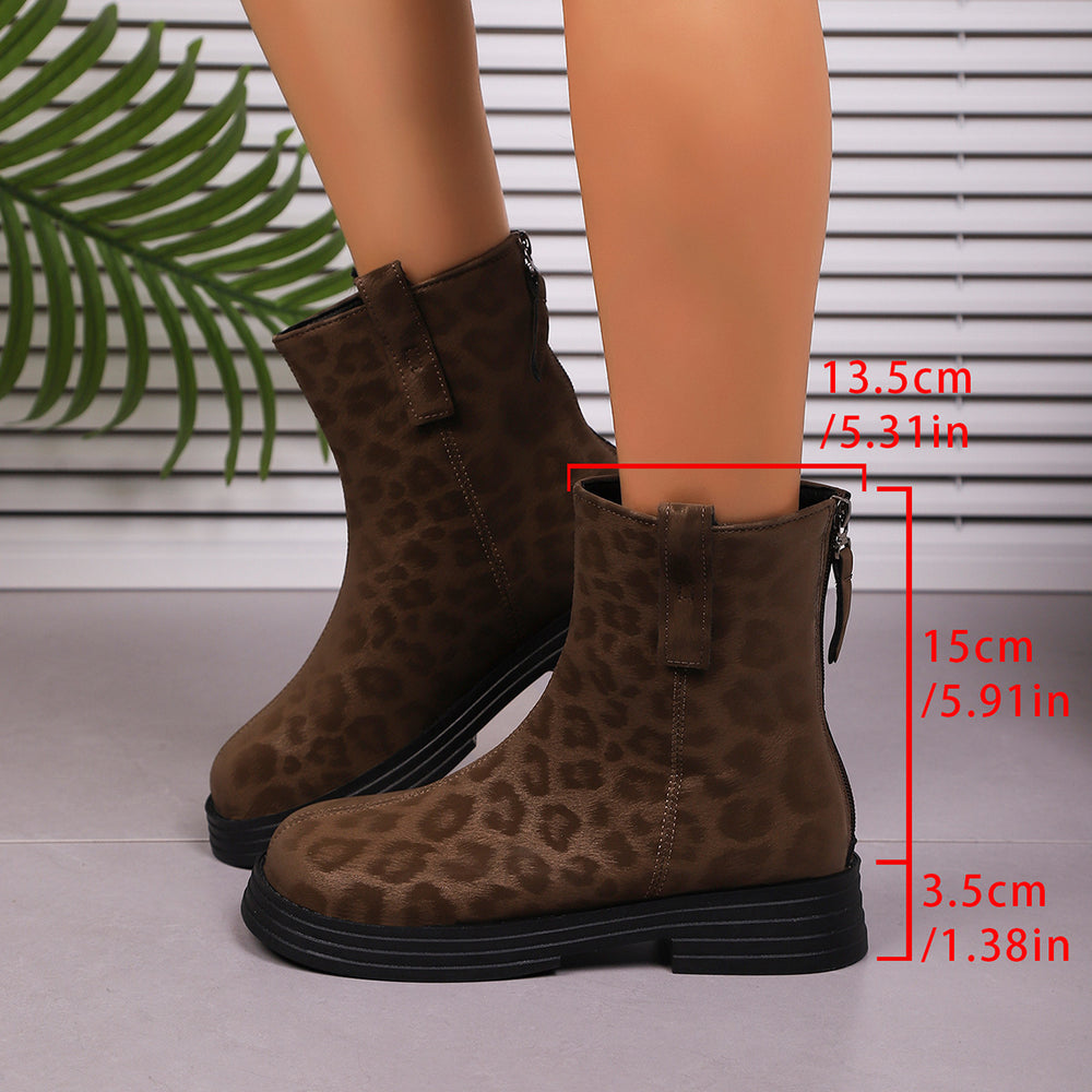 autum leopard print british styleplus size back zipper short boots thick sole round toe retroexportboots women's wholesale