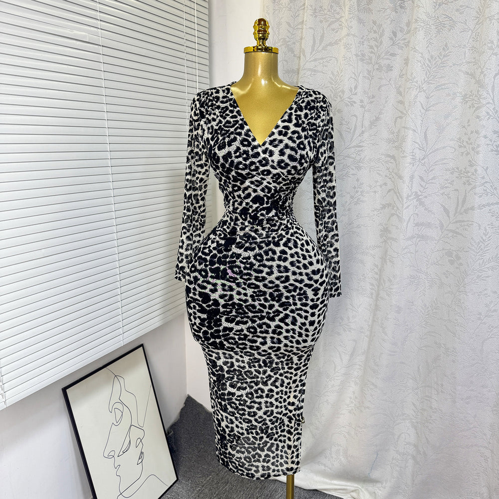 sexyelegance cross v neck leopard print printingdress rhinestone silm hip slit long skirt women's dress