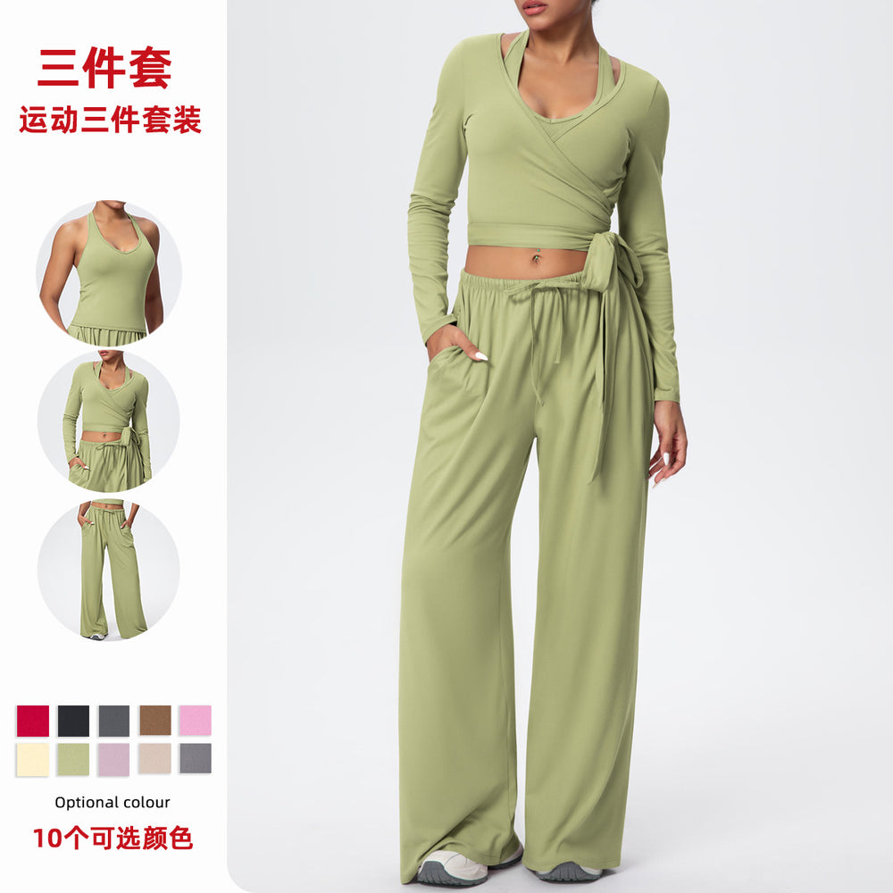 New brushed fleece quick-dry yoga outfit set - three-piece activewear with drawstring and tie details for sports, outdoor training, running, and fitness
