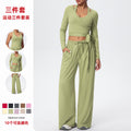 New brushed fleece quick-dry yoga outfit set - three-piece activewear with drawstring and tie details for sports, outdoor training, running, and fitness