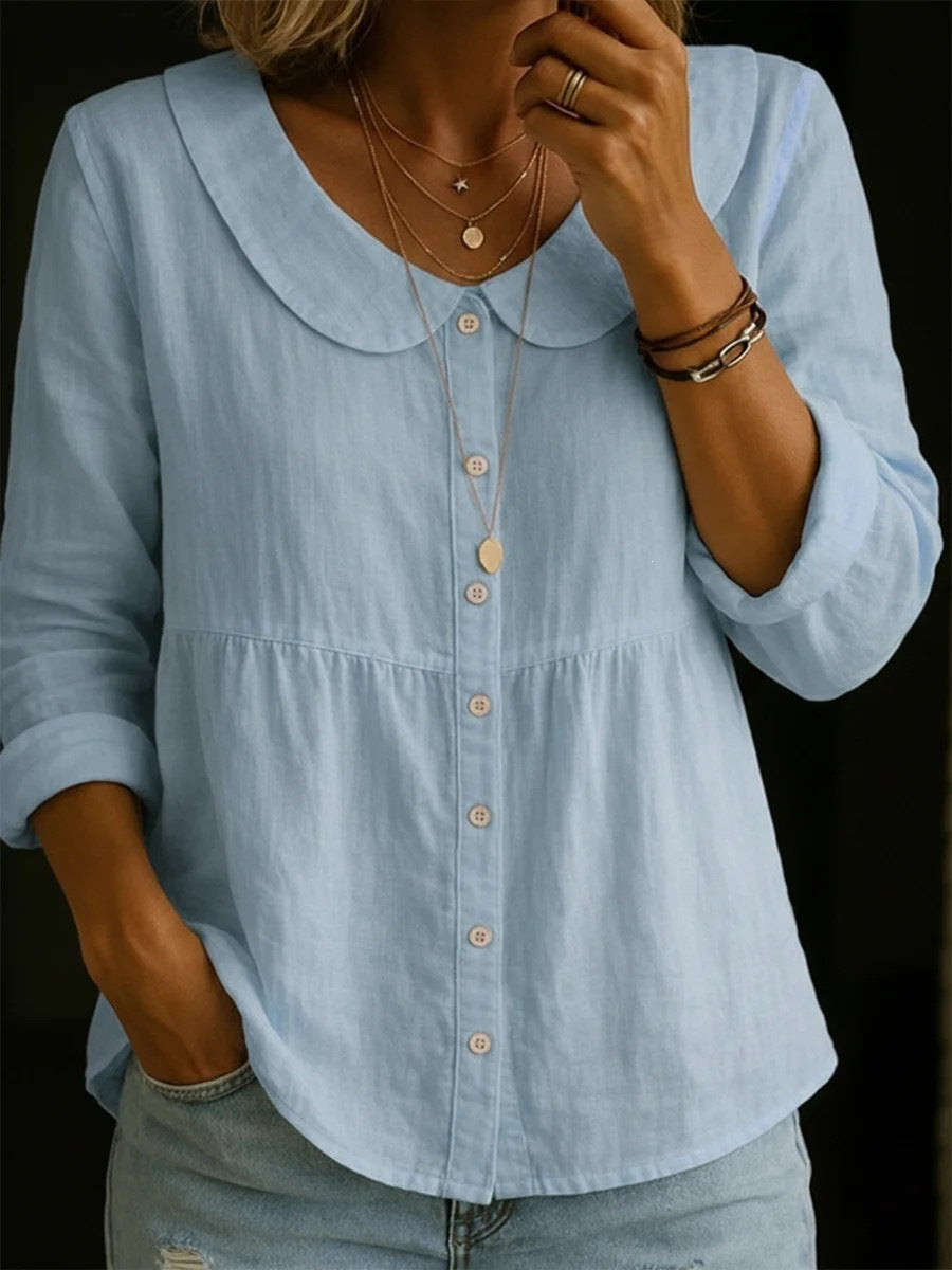 summer new european and american style pan collar linen cotton solid color shirt - women's loose fit, slimming, long sleeve, casual and versatile top