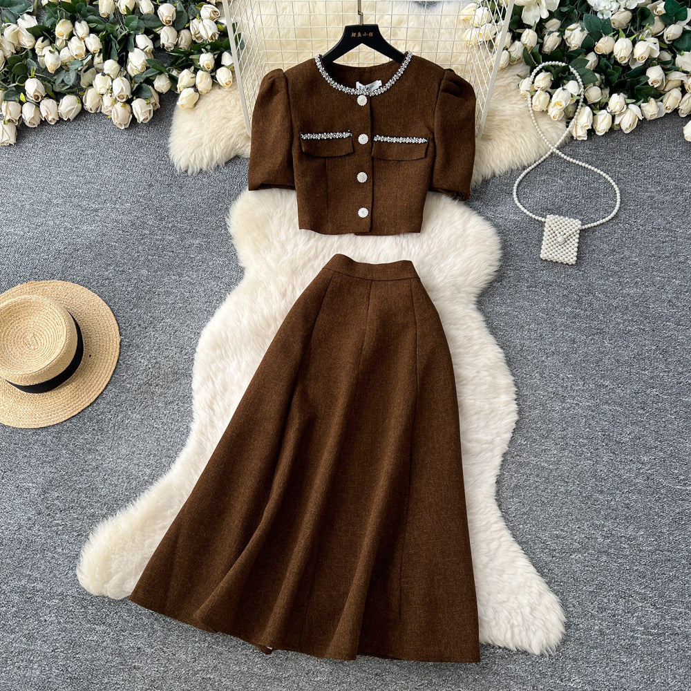 Gentle socialite style diamond-encrusted small fragrance two-piece set female autumelegant puff sleeve topshigh waistslimming look skirt suit