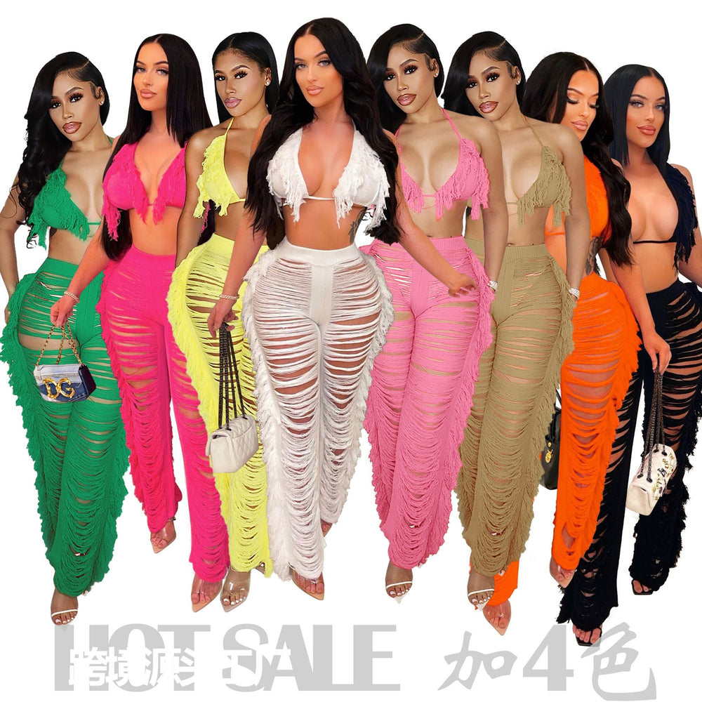 Source factory  summer new european and american style sexy tassel knit pant set